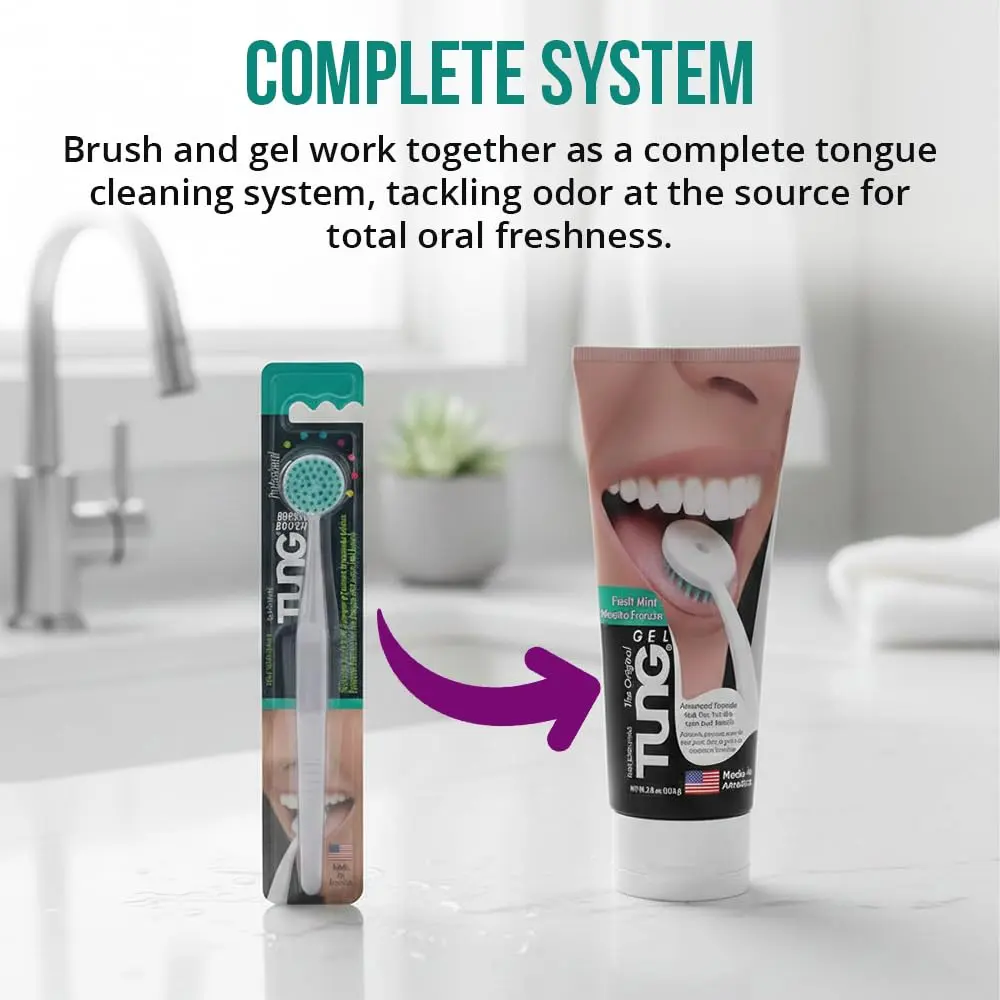 The Original TUNG Brush gently removes odor-causing bacteria from your tongue for fresher breath and a cleaner mouth.