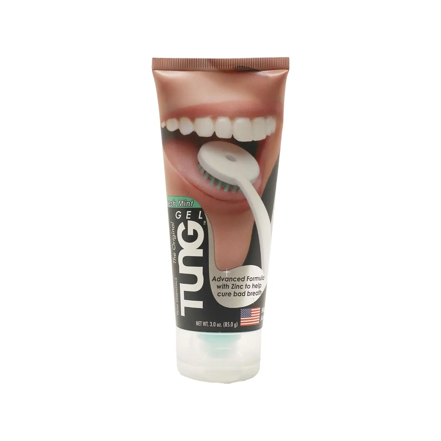 A tube of TUNG Fresh Mint Gel, a health and personal care product designed for effective tongue cleaning.