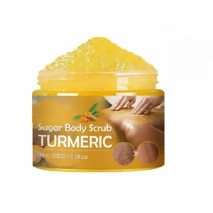 This turmeric body scrub exfoliates dead skin, brightens dark spots, and deeply moisturizes for soft, radiant skin.