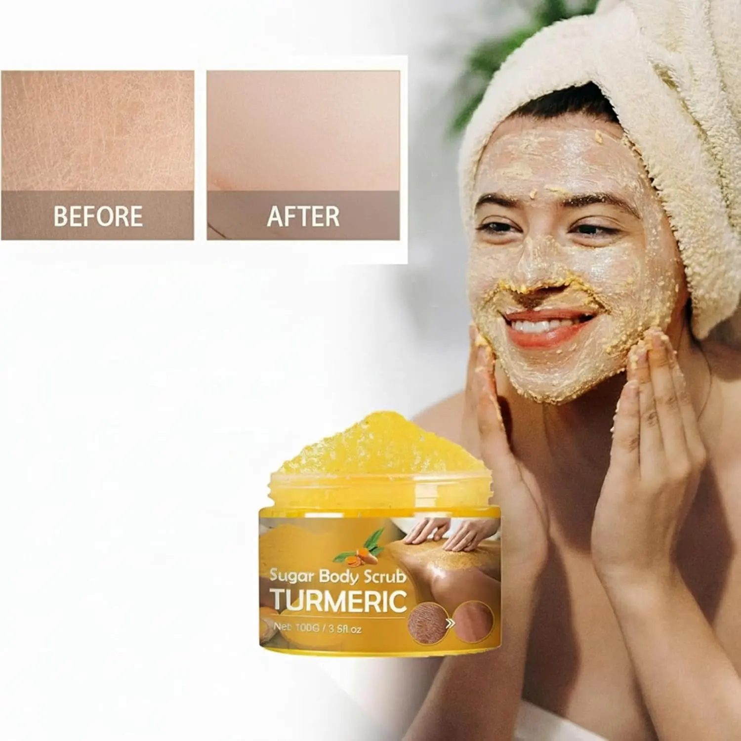This turmeric body scrub exfoliates dead skin, brightens dark spots, and deeply moisturizes for soft, radiant skin.