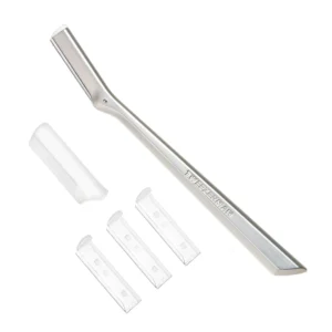 Silver Tweezerman facial razor dermaplaner for removing peach fuzz and exfoliating skin, comes with three replacement blades.