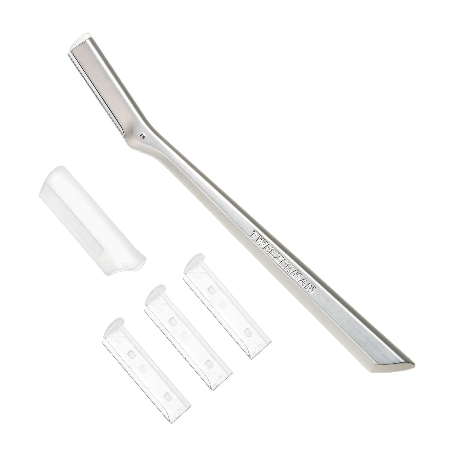 Silver Tweezerman facial razor dermaplaner for removing peach fuzz and exfoliating skin, comes with three replacement blades.