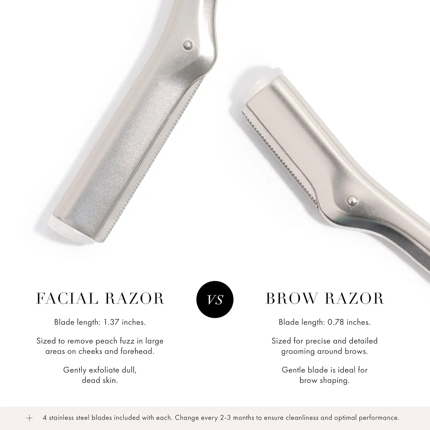 Silver Tweezerman facial razor dermaplaner for removing peach fuzz and exfoliating skin, comes with three replacement blades.