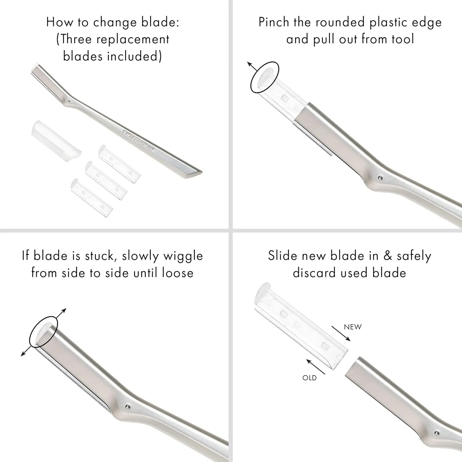 Silver Tweezerman facial razor dermaplaner for removing peach fuzz and exfoliating skin, comes with three replacement blades.