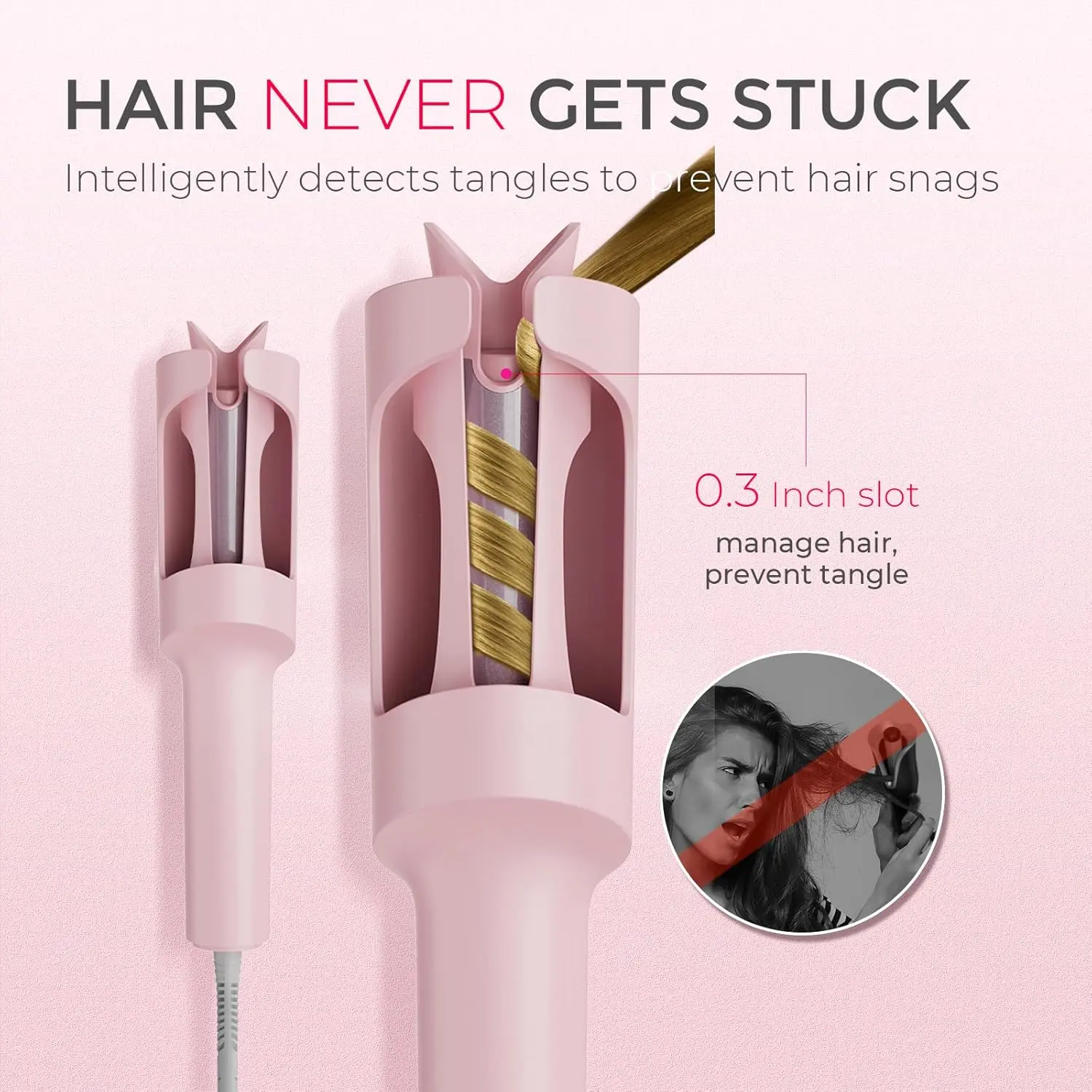 The TYMO CURLPRO automatic rotating curling iron in pink effortlessly creates beautiful beach waves with its tourmaline ceramic coating and ionic technology, ensuring shiny, long-lasting curls.