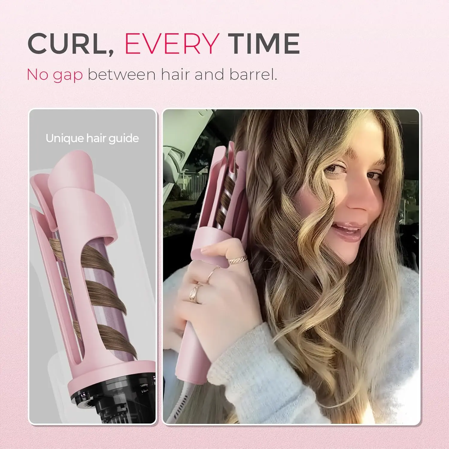 The TYMO CURLPRO automatic rotating curling iron in pink effortlessly creates beautiful beach waves with its tourmaline ceramic coating and ionic technology, ensuring shiny, long-lasting curls.