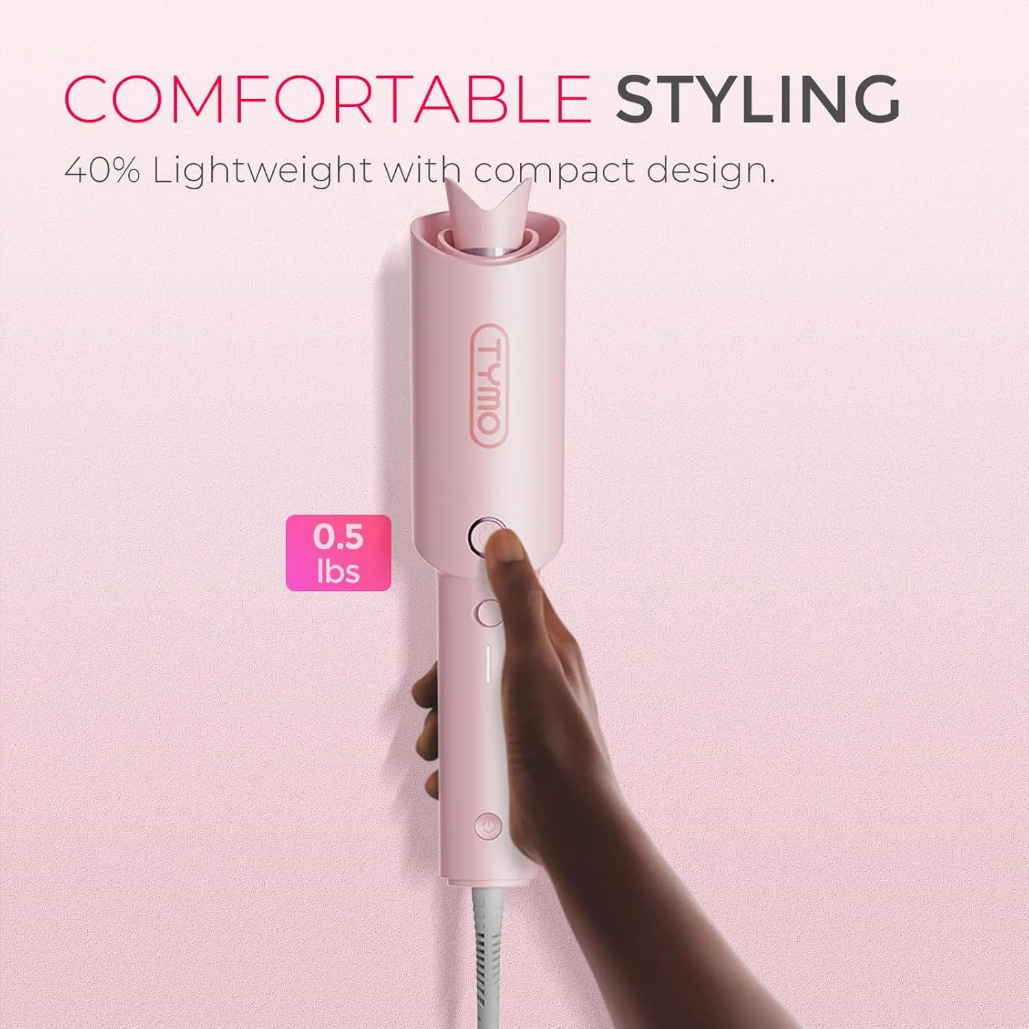 The TYMO CURLPRO automatic rotating curling iron in pink effortlessly creates beautiful beach waves with its tourmaline ceramic coating and ionic technology, ensuring shiny, long-lasting curls.