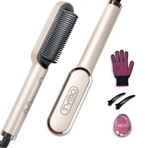 The TYMO hair straightener brush with ionic coating and 3D teeth design quickly heats to straighten hair from root to tip while protecting it from heat damage.