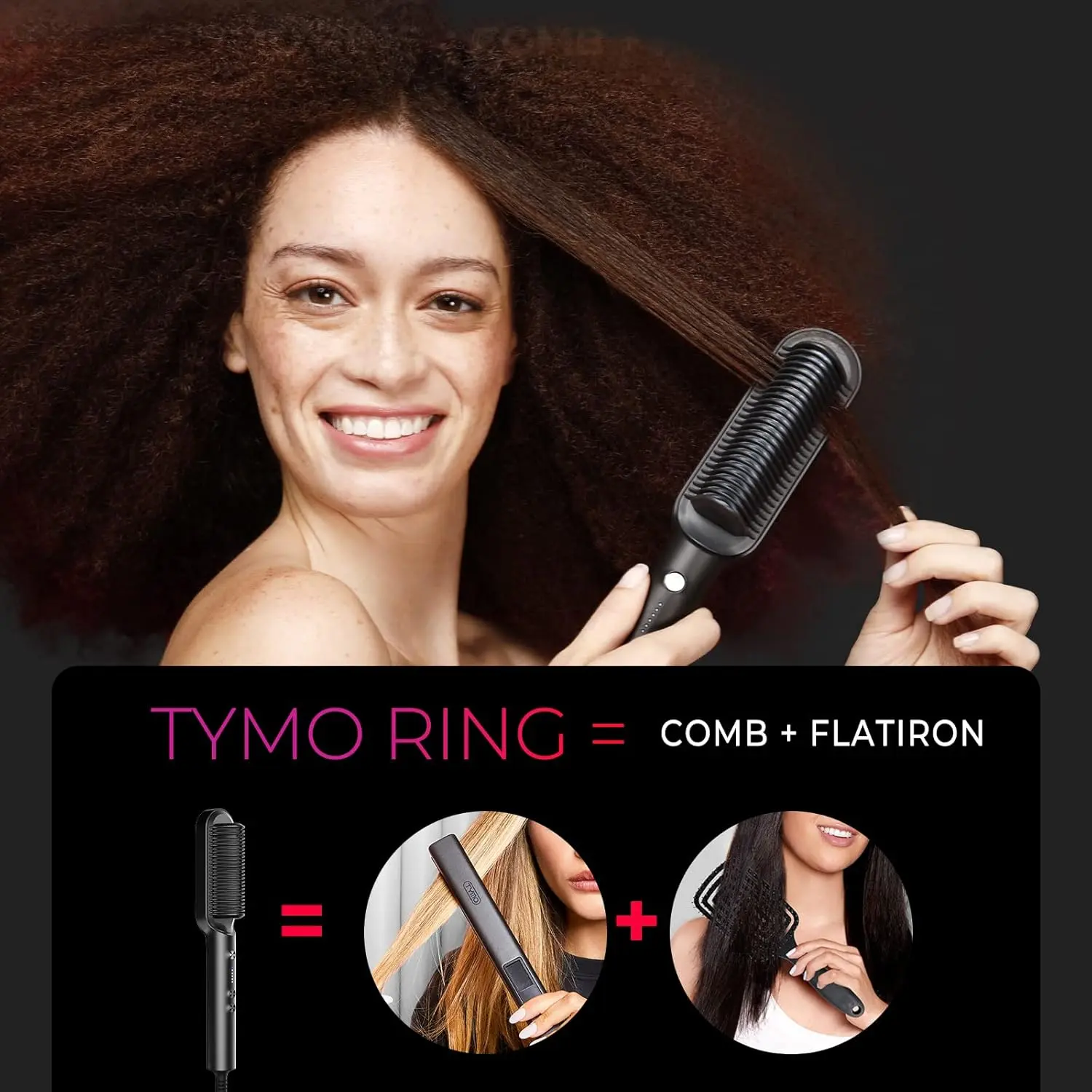 The TYMO hair straightener brush with ionic coating and 3D teeth quickly heats up to straighten hair, creating a salon-quality style at home while reducing heat damage.