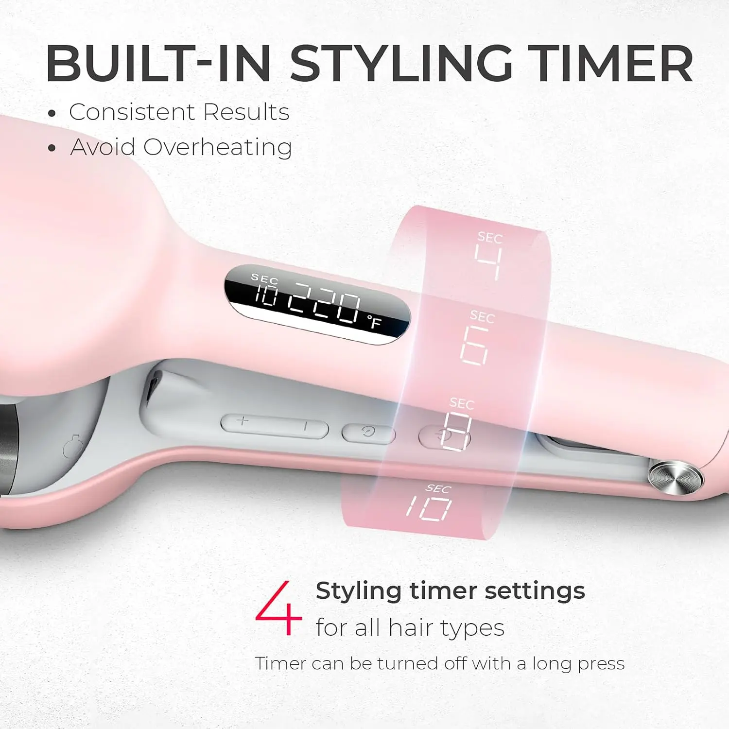 The TYMO ROVY pink hair waver creates beautiful, long-lasting beach waves quickly and easily with its tourmaline ceramic barrel and anti-scald design.