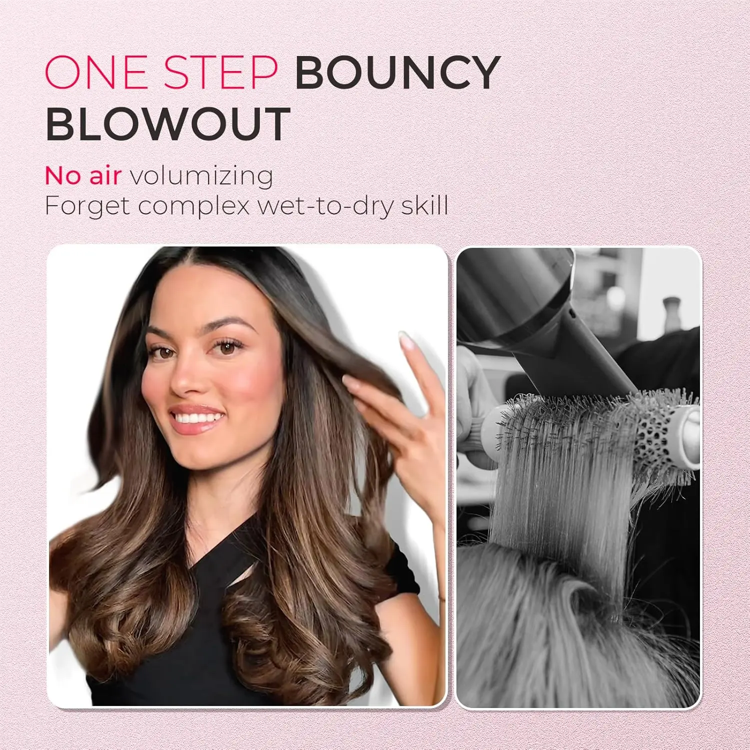 Gold 1.5 inch TYMO STYLUX thermal brush creates voluminous blowouts, straightens hair, and curls, featuring Flexi-Fit bristles and adjustable temperature for all hair types.