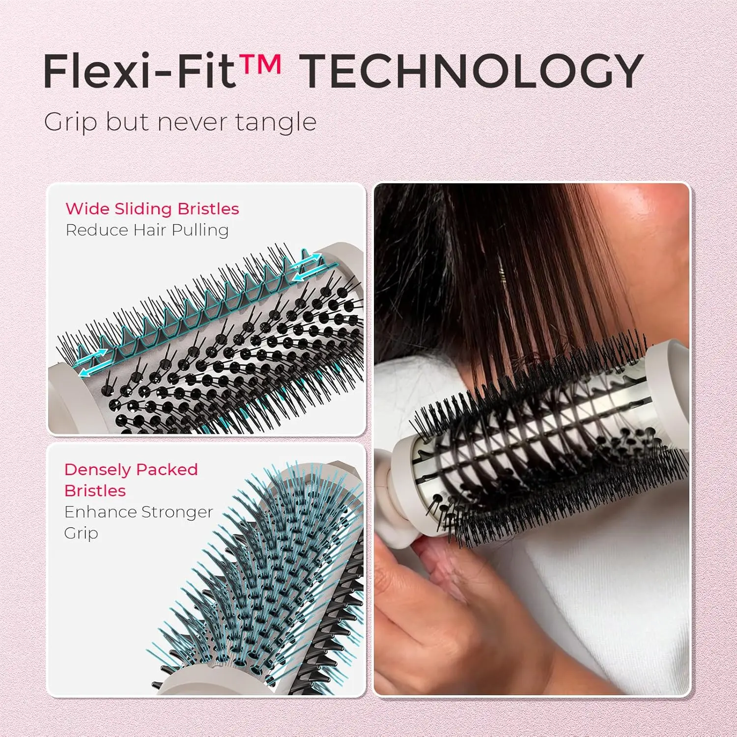 Gold 1.5 inch TYMO STYLUX thermal brush creates voluminous blowouts, straightens hair, and curls, featuring Flexi-Fit bristles and adjustable temperature for all hair types.