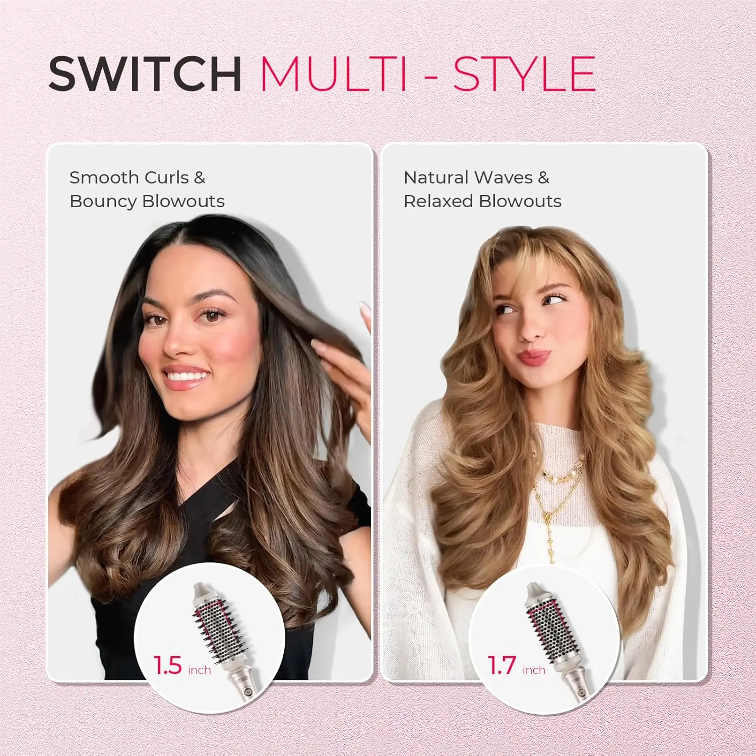 Gold 1.5 inch TYMO STYLUX thermal brush creates voluminous blowouts, straightens hair, and curls, featuring Flexi-Fit bristles and adjustable temperature for all hair types.