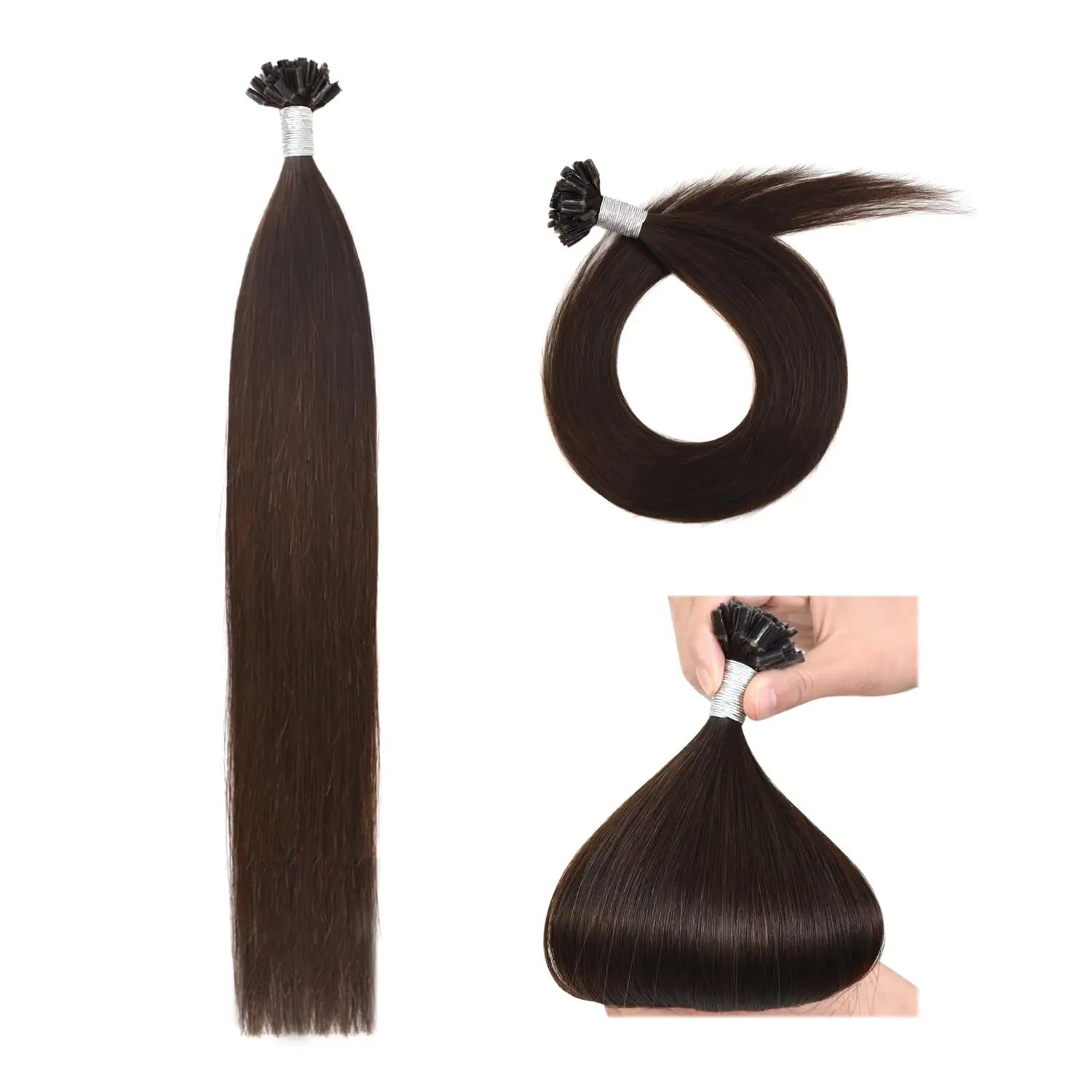Fifty strands of medium brown, 40cm long, U-tip Remy human hair extensions featuring keratin bonds, ready to be applied for added length and volume.