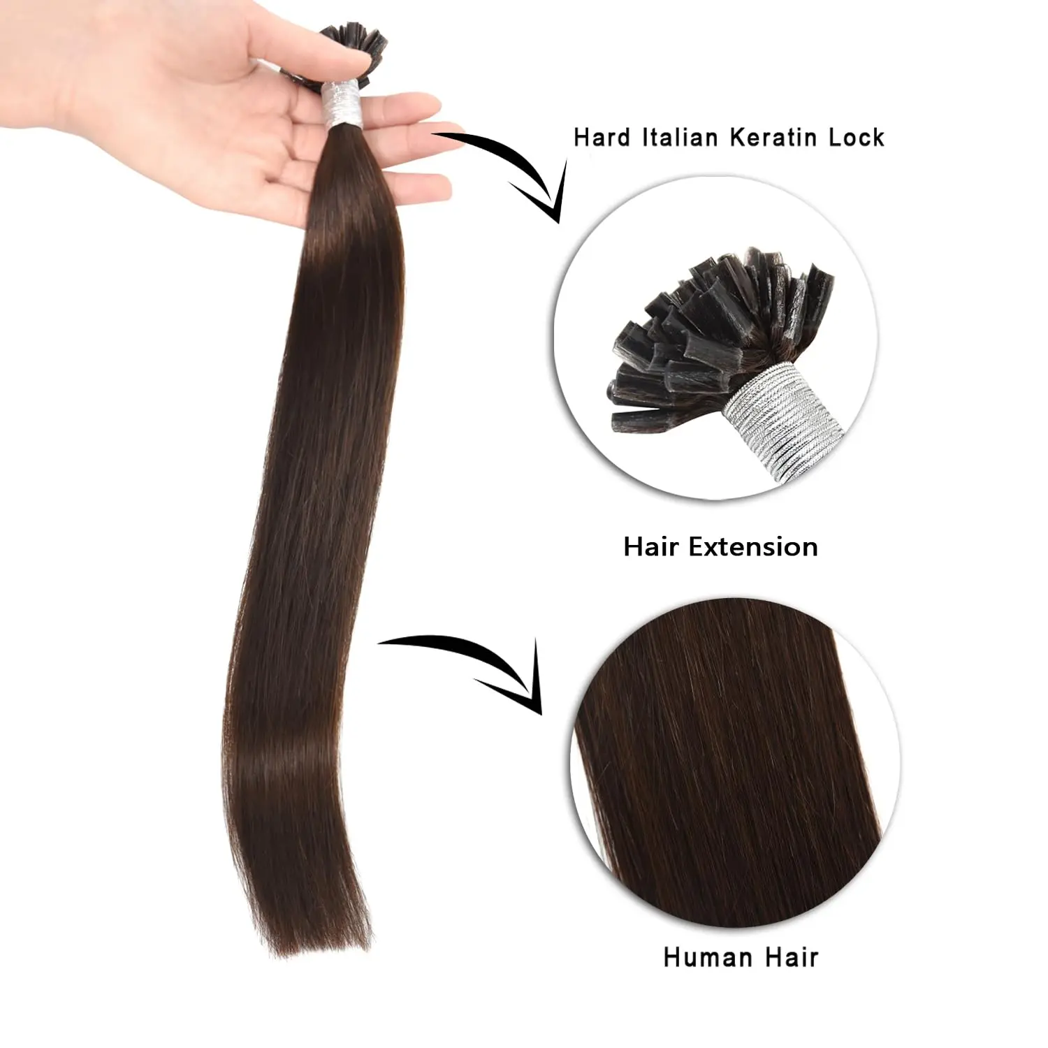 Fifty strands of medium brown, 40cm long, U-tip Remy human hair extensions featuring keratin bonds, ready to be applied for added length and volume.