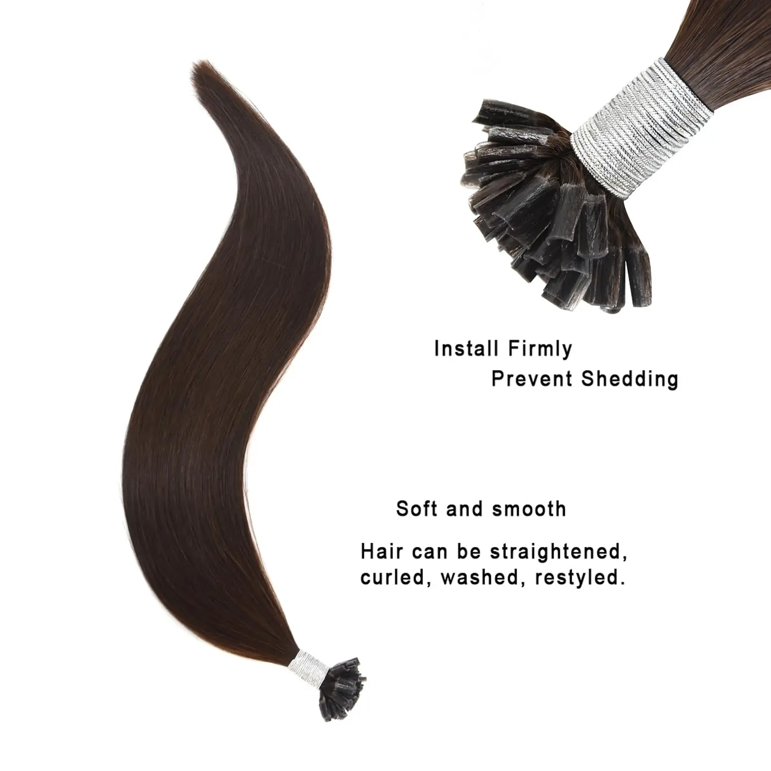 Fifty strands of medium brown, 40cm long, U-tip Remy human hair extensions featuring keratin bonds, ready to be applied for added length and volume.
