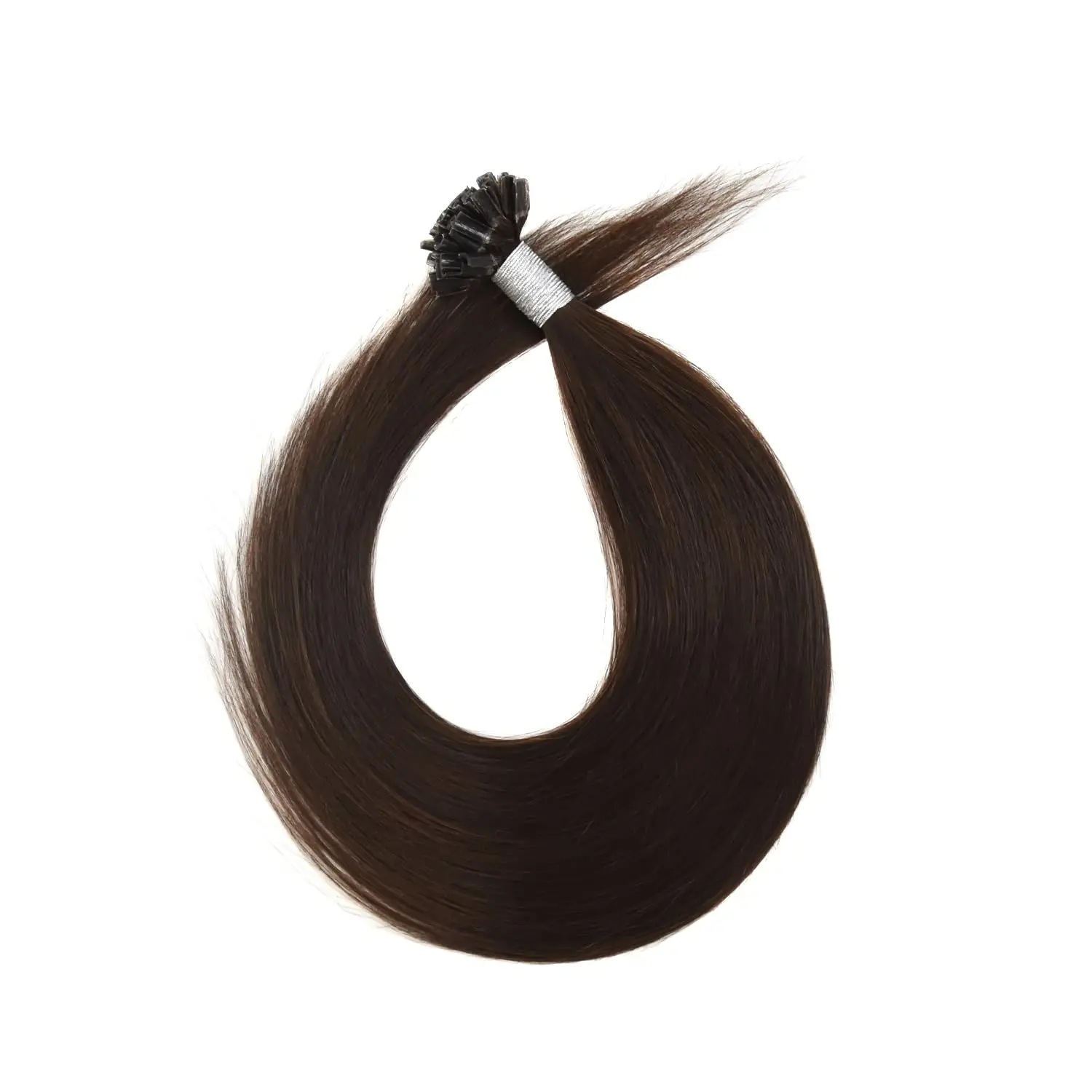 Fifty strands of medium brown, 40cm long, U-tip Remy human hair extensions featuring keratin bonds, ready to be applied for added length and volume.
