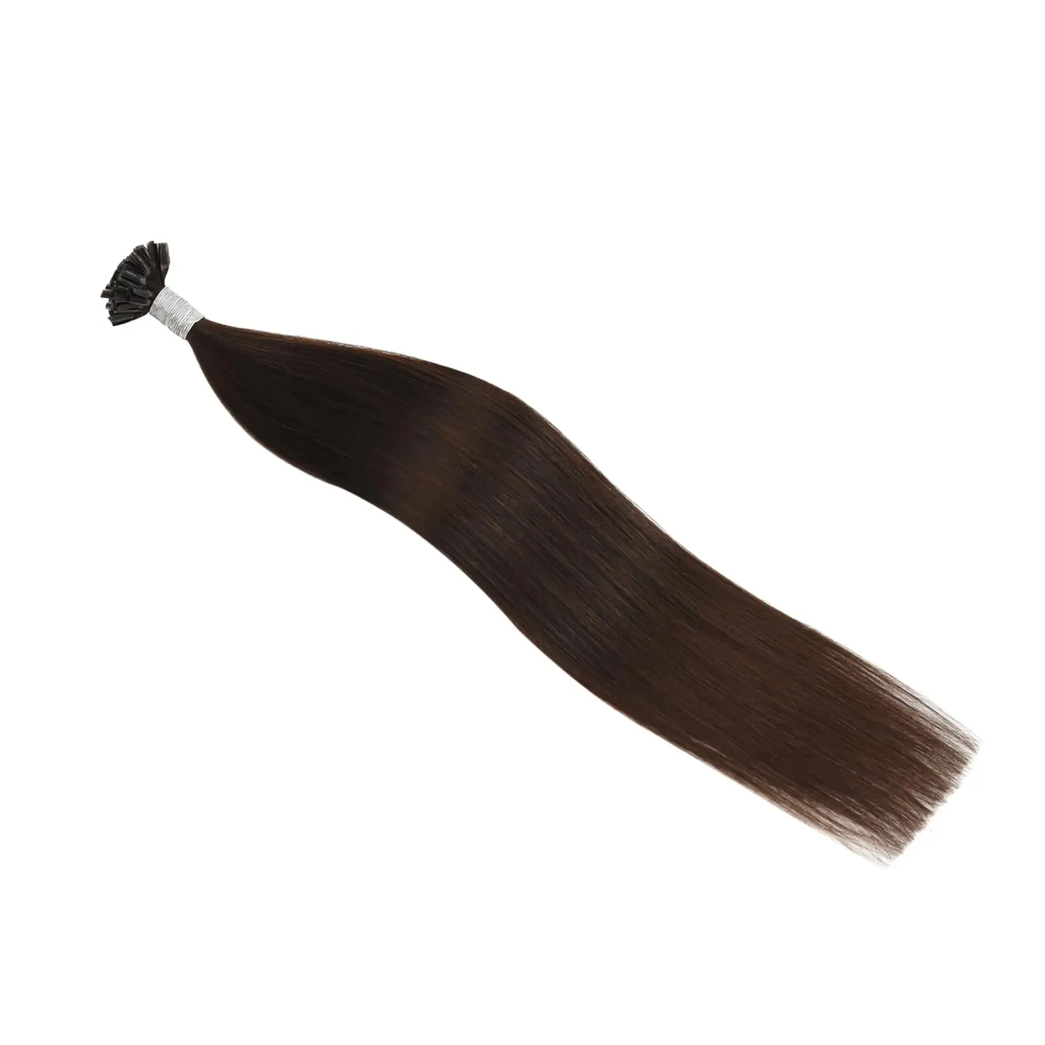 Fifty strands of medium brown, 40cm long, U-tip Remy human hair extensions featuring keratin bonds, ready to be applied for added length and volume.
