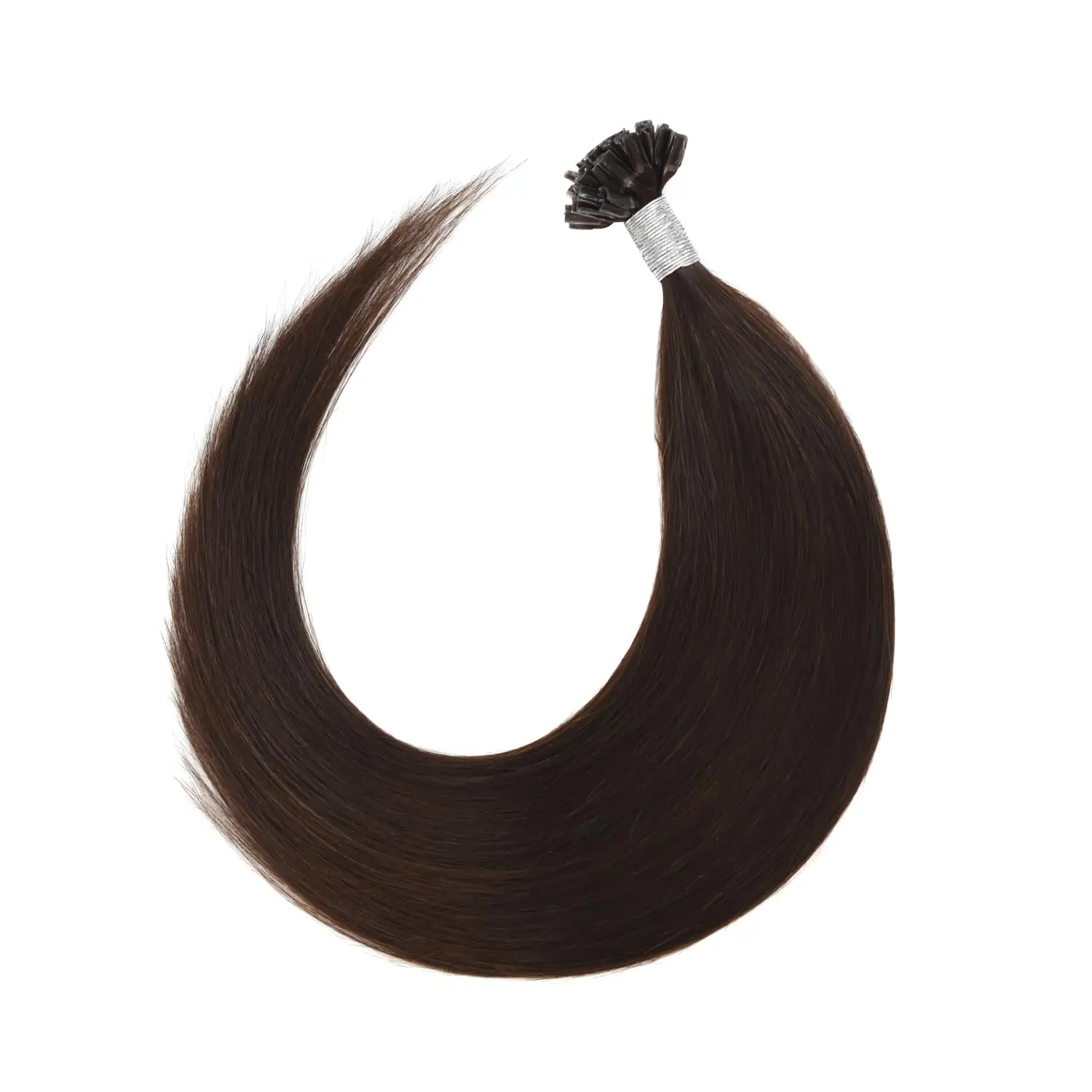 Fifty strands of medium brown, 40cm long, U-tip Remy human hair extensions featuring keratin bonds, ready to be applied for added length and volume.
