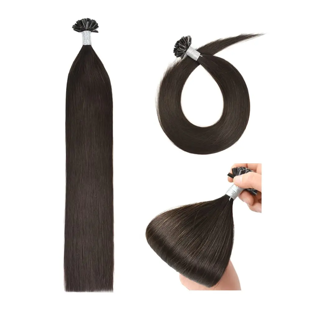 Fifty strands of medium brown, 40cm long, U-tip Remy human hair extensions featuring keratin bonds, ready to be applied for added length and volume.