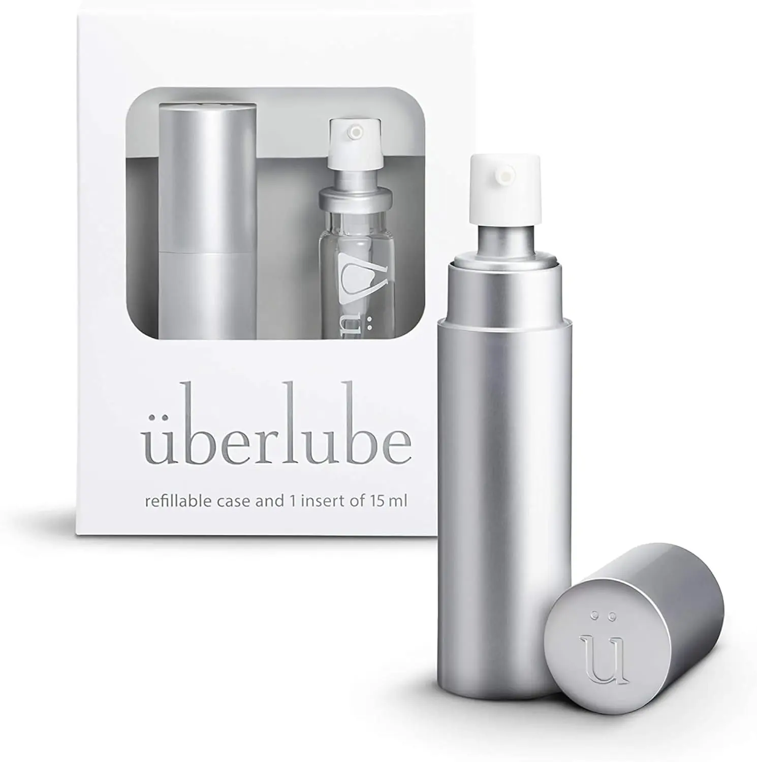 Silver Überlube Good-to-Go travel case with a 15ml refill, providing a convenient and discreet way to carry your favorite lubricant.