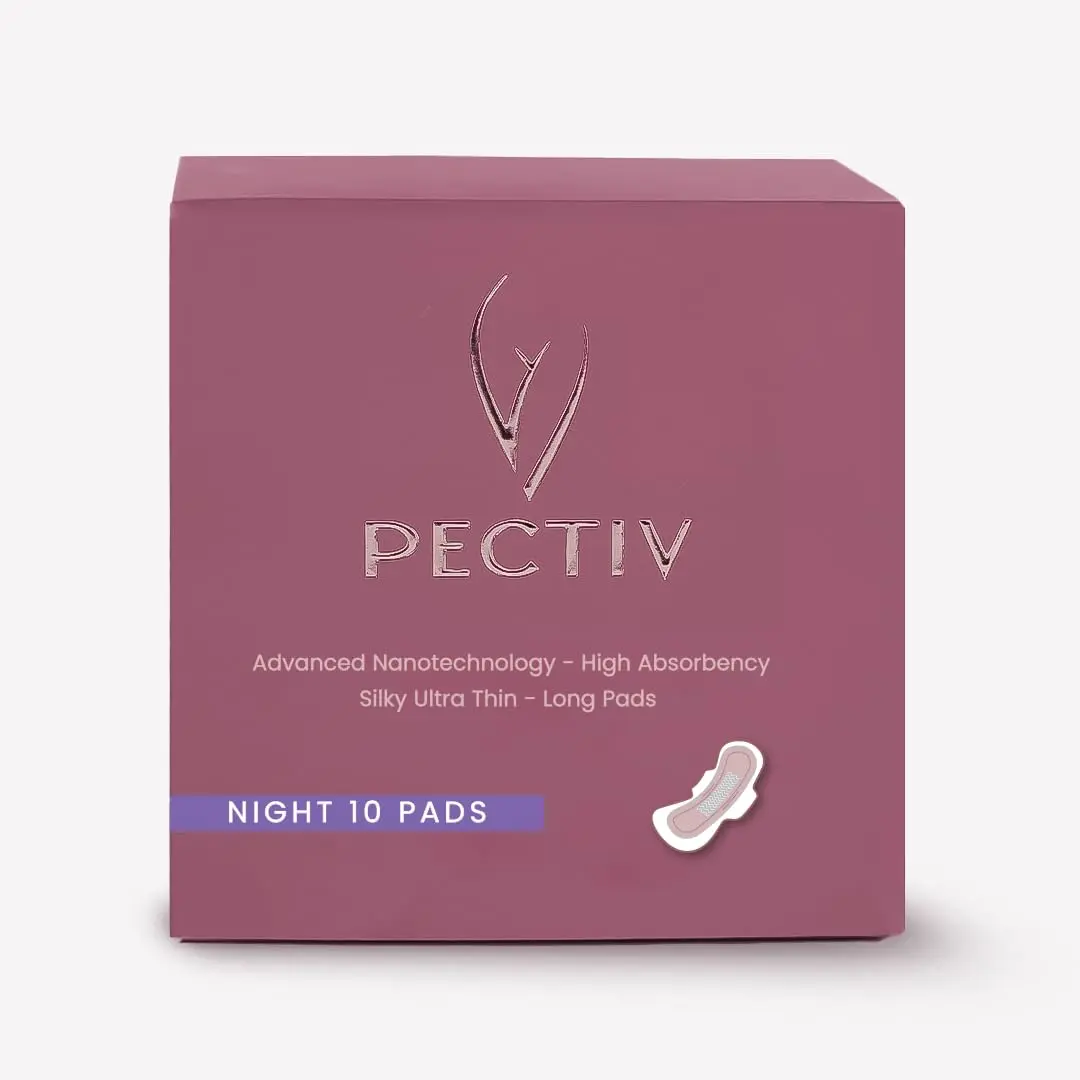 PECTIV ultra-thin night sanitary pad designed for heavy flow with four wings and side guards.