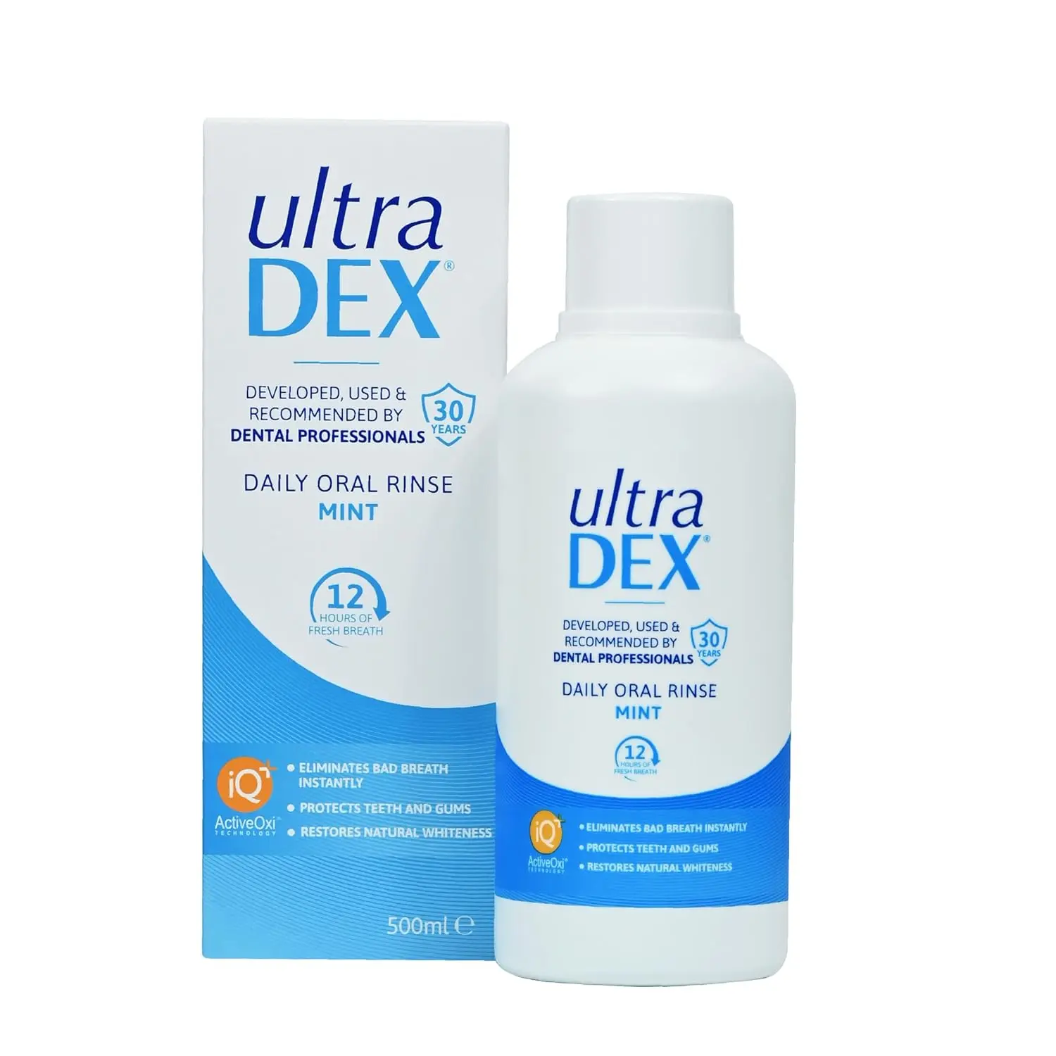 UltraDEX Daily Oral Rinse in Mint flavor, a 500ml bottle that protects teeth and gums, restores natural whiteness, and eliminates bad breath for 12 hours without alcohol, chlorhexidine, or coloring.