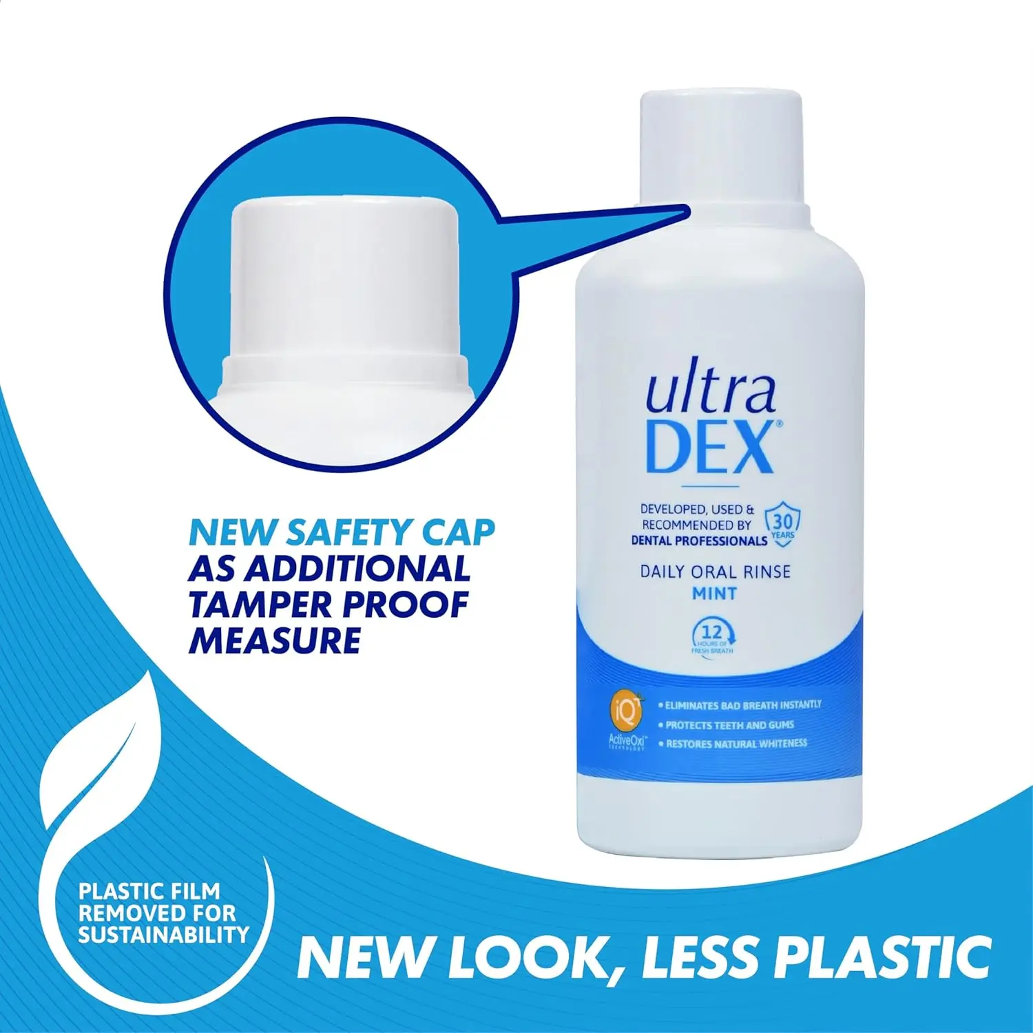UltraDEX Daily Oral Rinse in Mint flavor, a 500ml bottle that protects teeth and gums, restores natural whiteness, and eliminates bad breath for 12 hours without alcohol, chlorhexidine, or coloring.