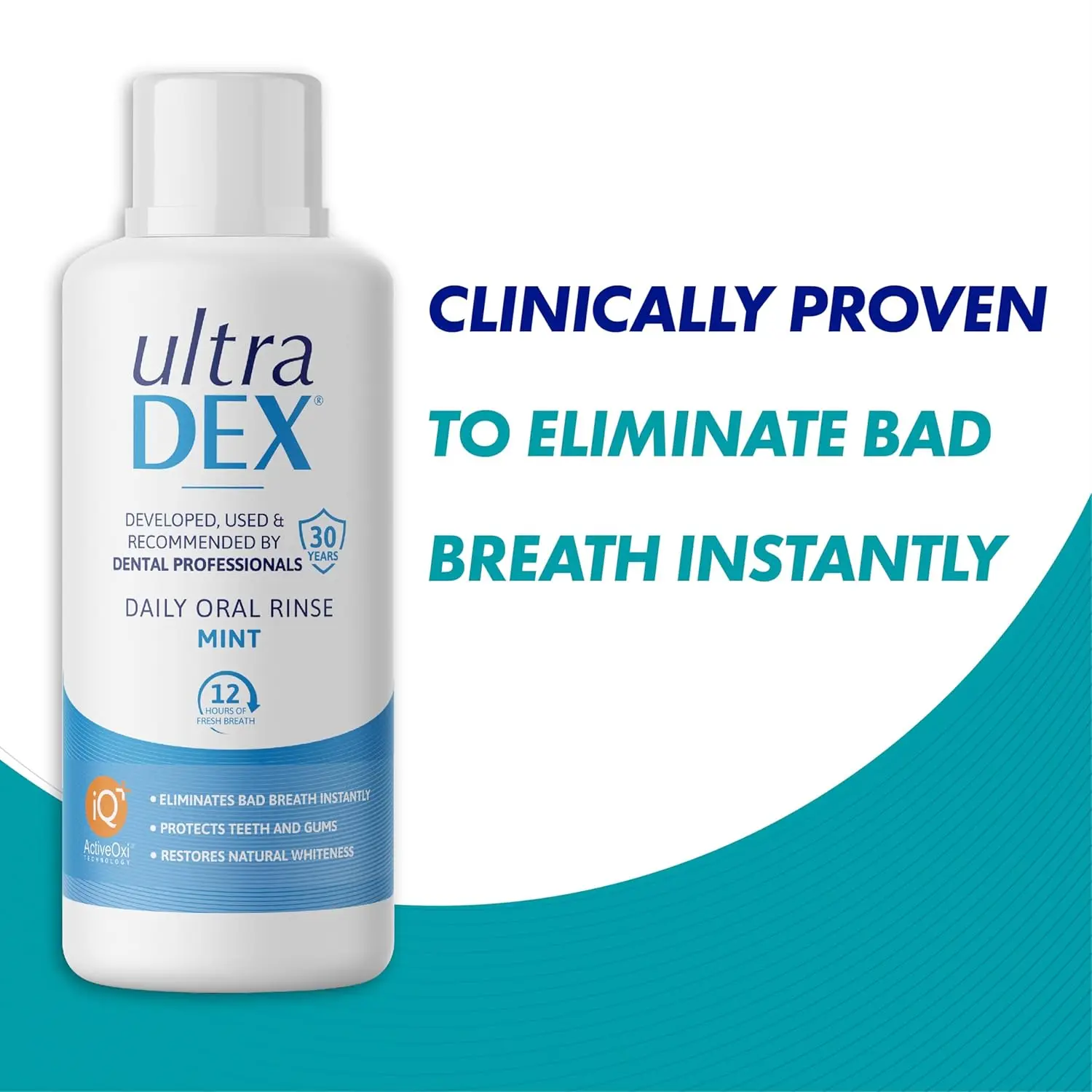 UltraDEX Daily Oral Rinse in Mint flavor, a 500ml bottle that protects teeth and gums, restores natural whiteness, and eliminates bad breath for 12 hours without alcohol, chlorhexidine, or coloring.
