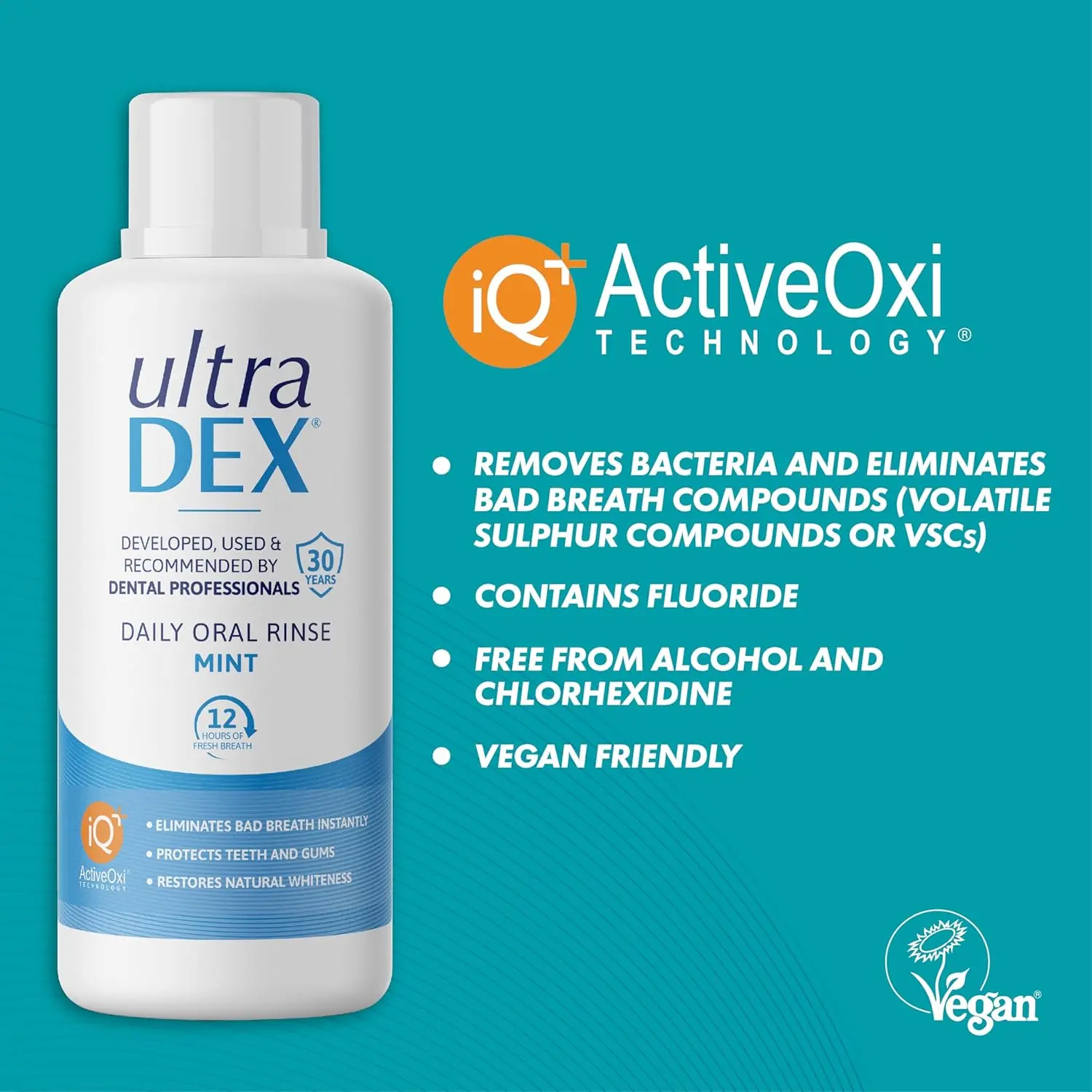 UltraDEX Daily Oral Rinse in Mint flavor, a 500ml bottle that protects teeth and gums, restores natural whiteness, and eliminates bad breath for 12 hours without alcohol, chlorhexidine, or coloring.
