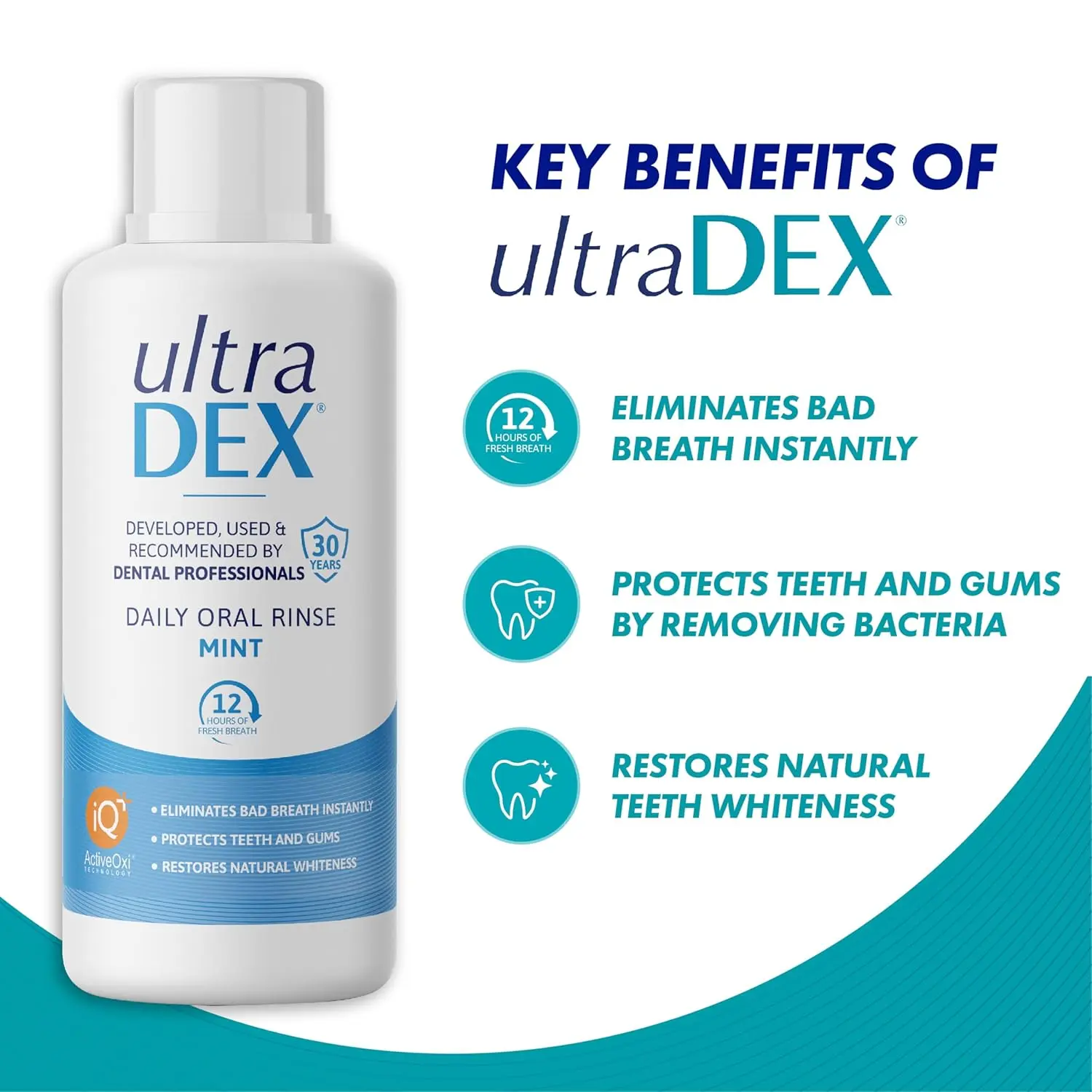 UltraDEX Daily Oral Rinse in Mint flavor, a 500ml bottle that protects teeth and gums, restores natural whiteness, and eliminates bad breath for 12 hours without alcohol, chlorhexidine, or coloring.