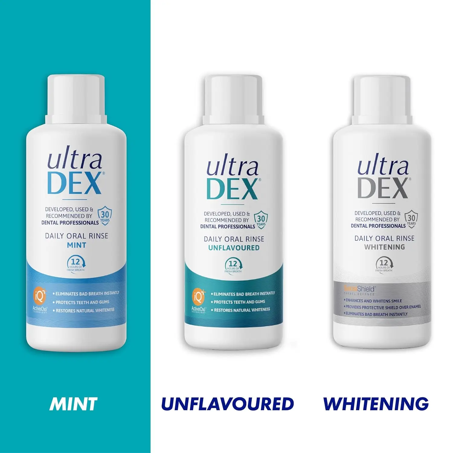 UltraDEX Daily Oral Rinse in Mint flavor, a 500ml bottle that protects teeth and gums, restores natural whiteness, and eliminates bad breath for 12 hours without alcohol, chlorhexidine, or coloring.