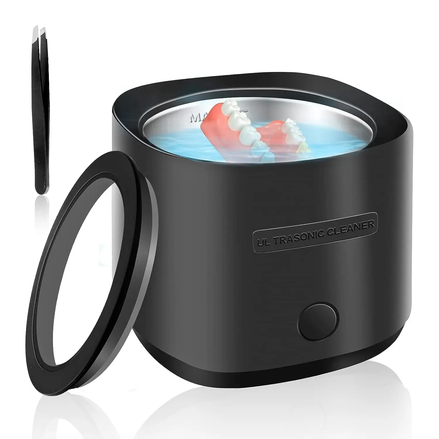 Black portable ultrasonic cleaner effectively removes particulates from dentures, retainers, aligners and mouthguards with 42kHz sound waves.
