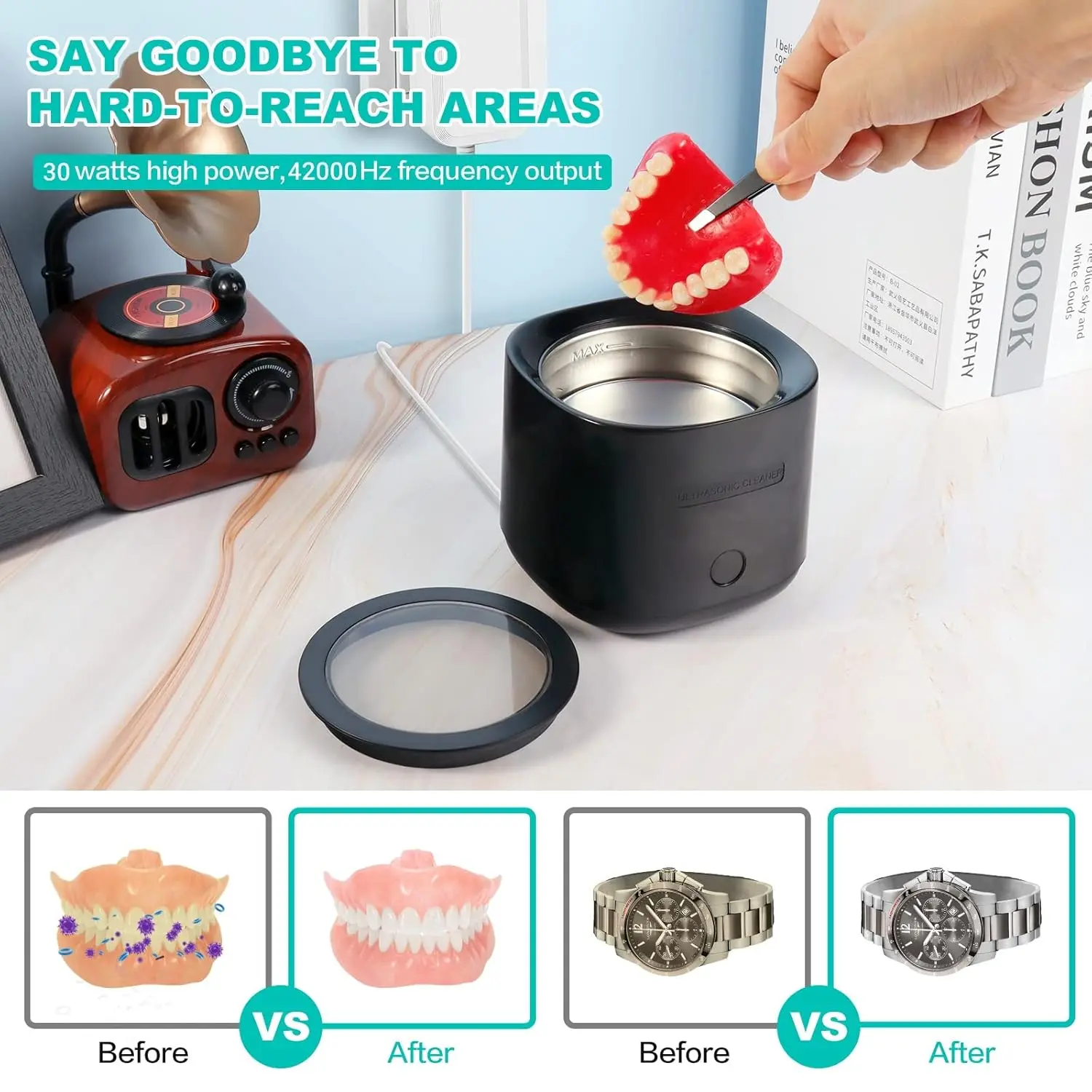 Black portable ultrasonic cleaner effectively removes particulates from dentures, retainers, aligners and mouthguards with 42kHz sound waves.