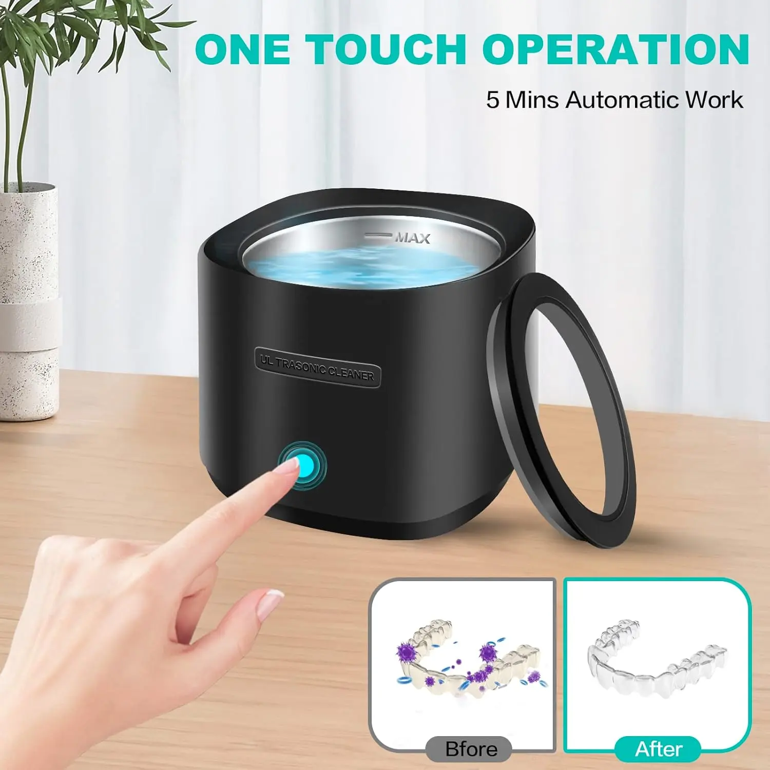 Black portable ultrasonic cleaner effectively removes particulates from dentures, retainers, aligners and mouthguards with 42kHz sound waves.