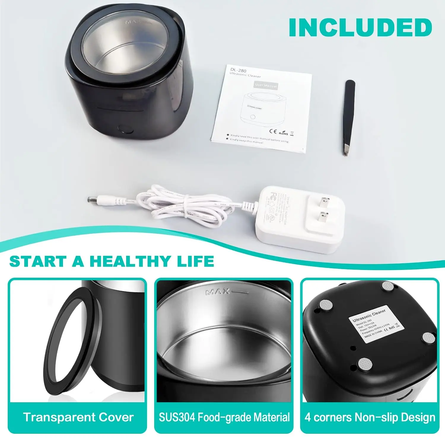 Black portable ultrasonic cleaner effectively removes particulates from dentures, retainers, aligners and mouthguards with 42kHz sound waves.