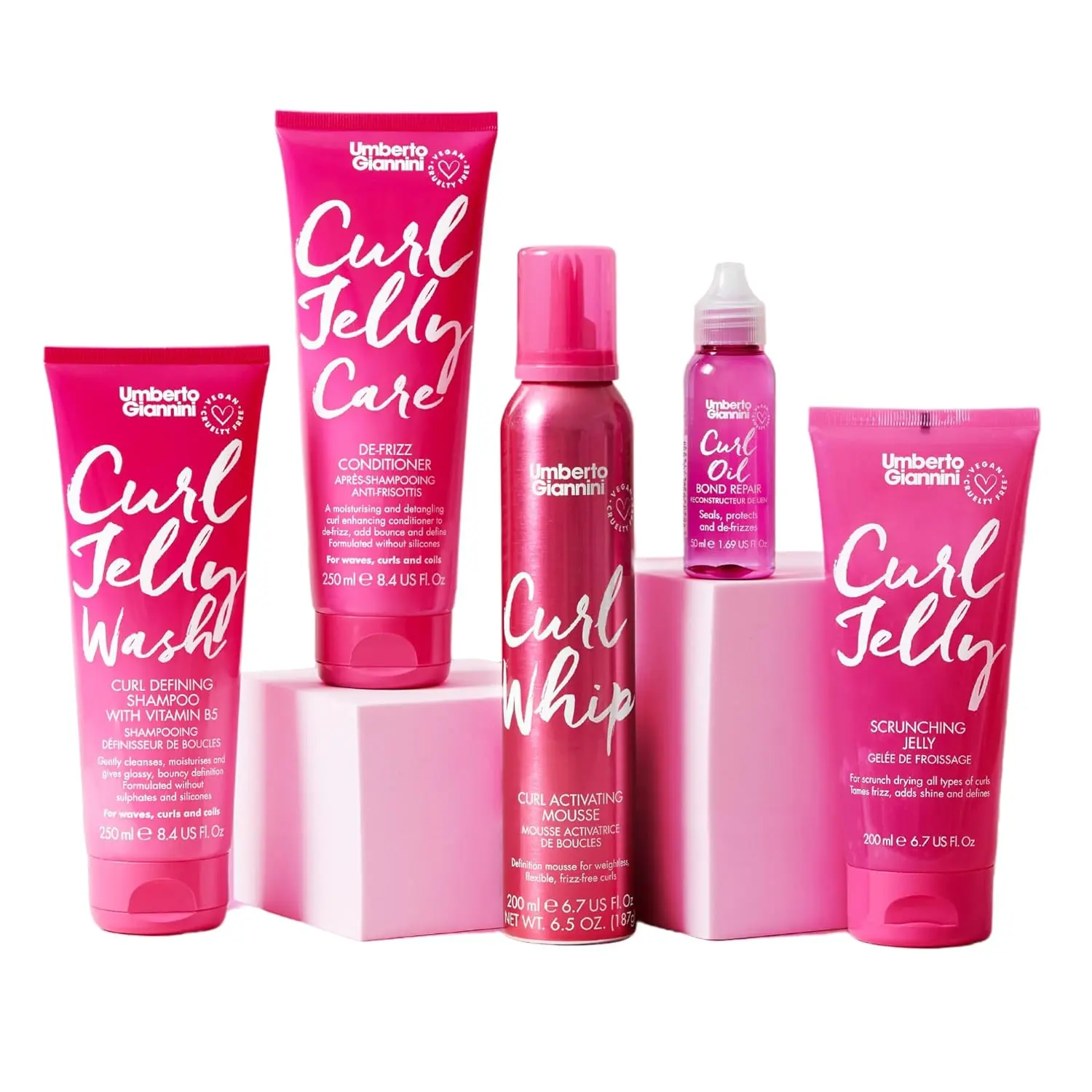 Umberto Giannini curl kit for curly girl method includes curl jelly, shampoo, conditioner, mousse and bond repair oil to define waves, curls and coils.
