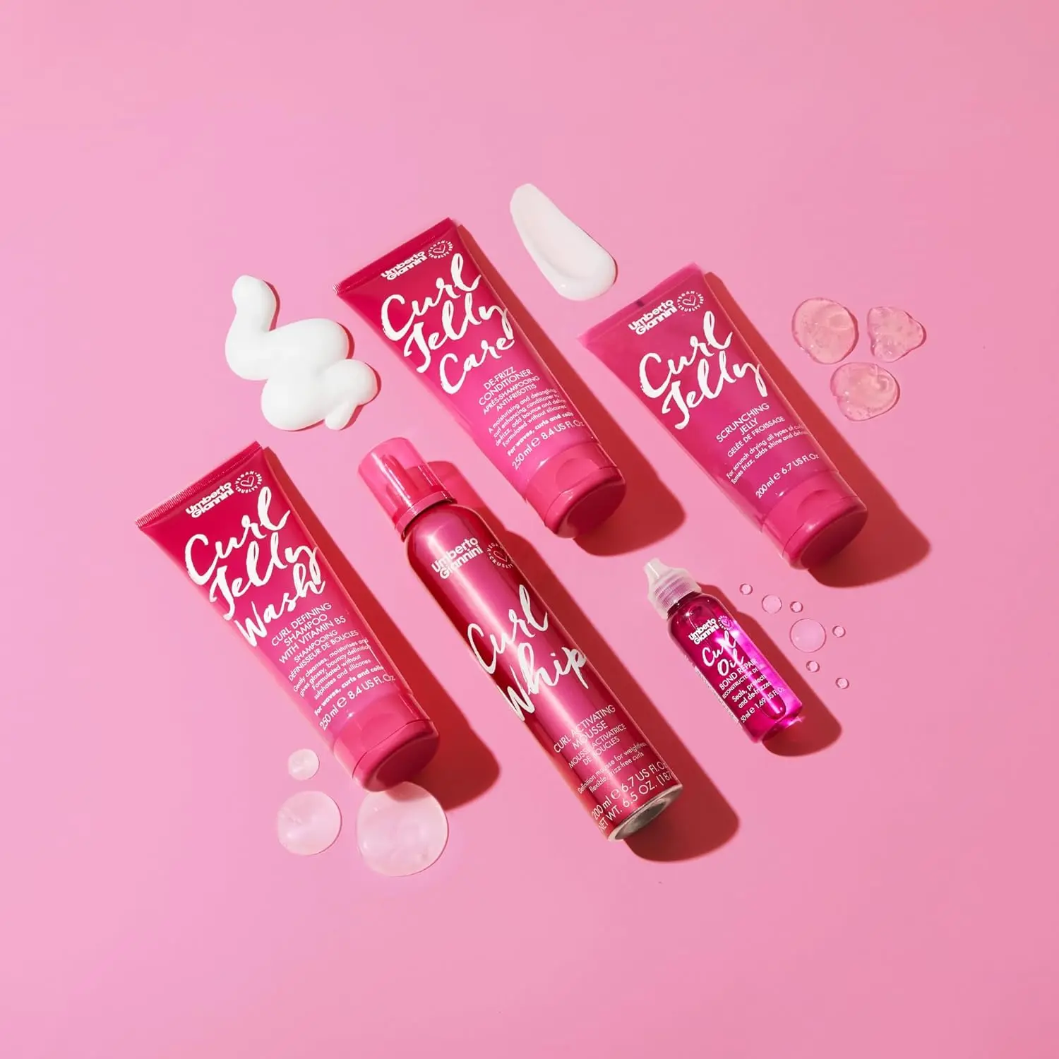 Umberto Giannini curl kit for curly girl method includes curl jelly, shampoo, conditioner, mousse and bond repair oil to define waves, curls and coils.