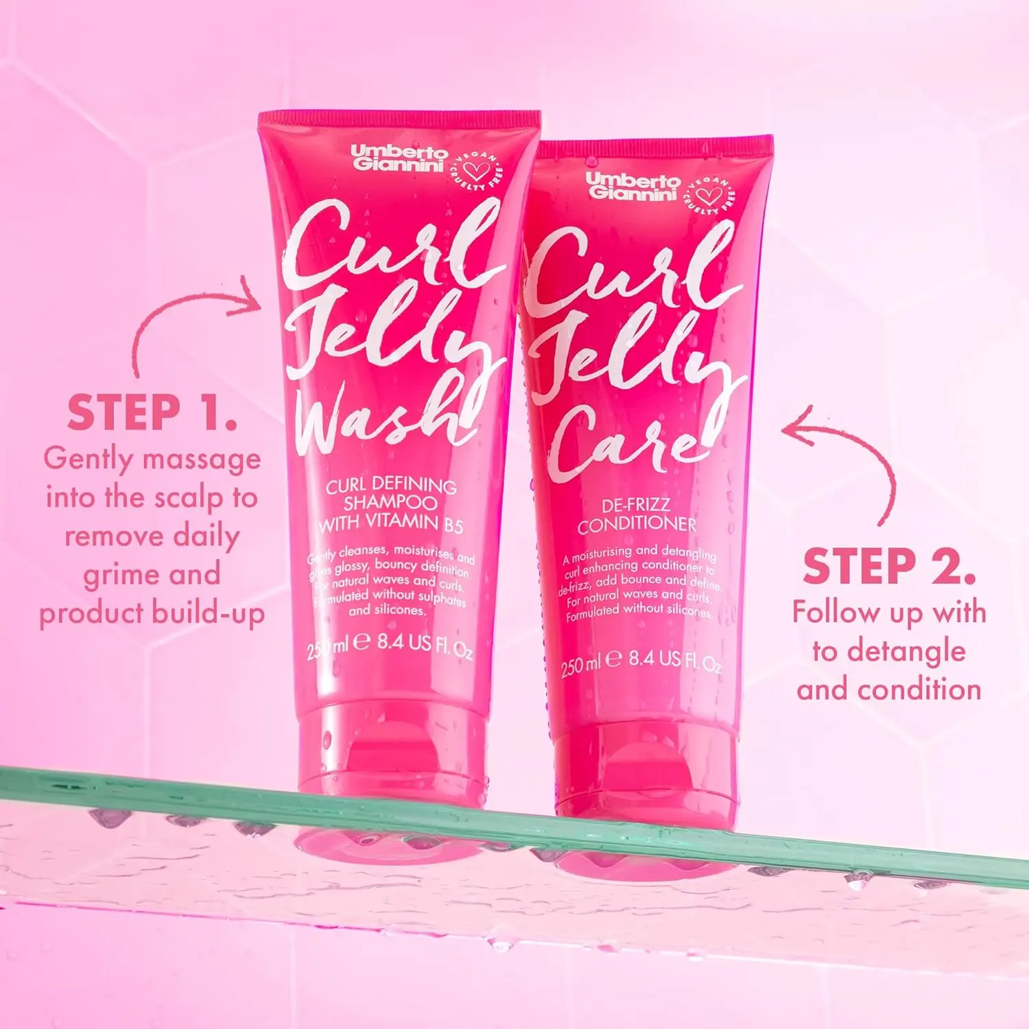 Umberto Giannini curl kit for curly girl method includes curl jelly, shampoo, conditioner, mousse and bond repair oil to define waves, curls and coils.