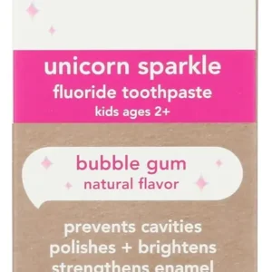 A tube of HELLO Unicorn Sparkle Bubblegum toothpaste for kids, featuring colorful packaging and promising a delicious, fluoride-free way to encourage brushing.