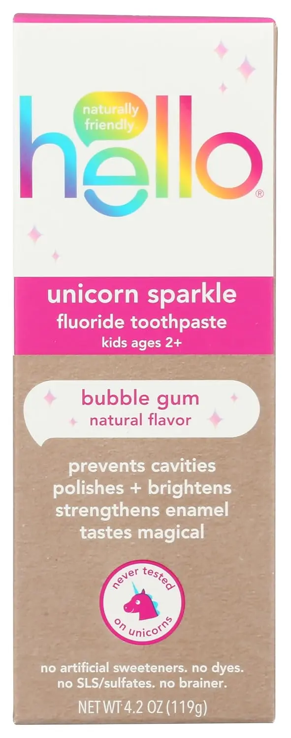 A tube of HELLO Unicorn Sparkle Bubblegum toothpaste for kids, featuring colorful packaging and promising a delicious, fluoride-free way to encourage brushing.