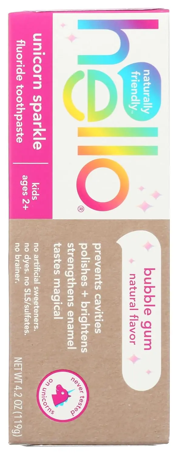 A tube of HELLO Unicorn Sparkle Bubblegum toothpaste for kids, featuring colorful packaging and promising a delicious, fluoride-free way to encourage brushing.