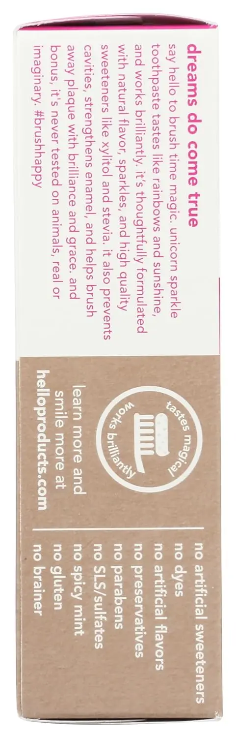 A tube of HELLO Unicorn Sparkle Bubblegum toothpaste for kids, featuring colorful packaging and promising a delicious, fluoride-free way to encourage brushing.