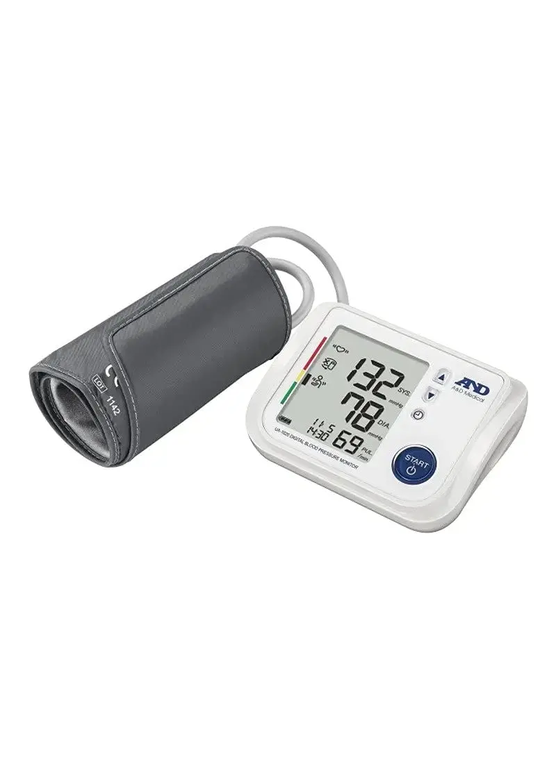 A&D Medical UA-1020 automatic blood pressure monitor for upper arm with wide range cuff, TriCheck mode, and cuff fit error indicator.