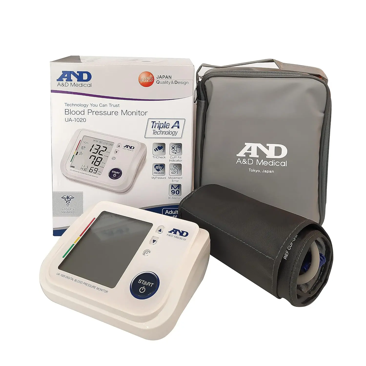 A&D Medical UA-1020 automatic blood pressure monitor for upper arm with wide range cuff, TriCheck mode, and cuff fit error indicator.
