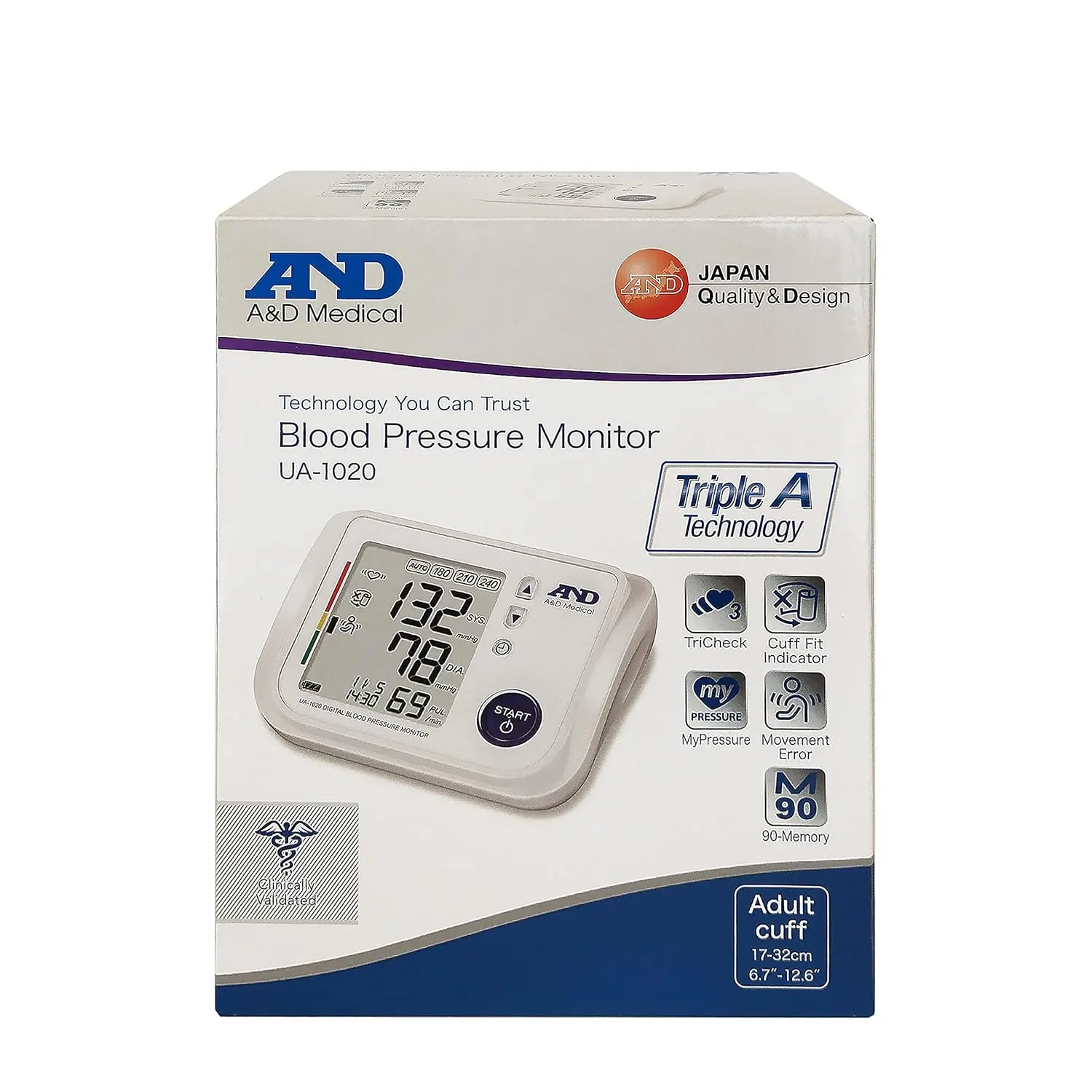 A&D Medical UA-1020 automatic blood pressure monitor for upper arm with wide range cuff, TriCheck mode, and cuff fit error indicator.