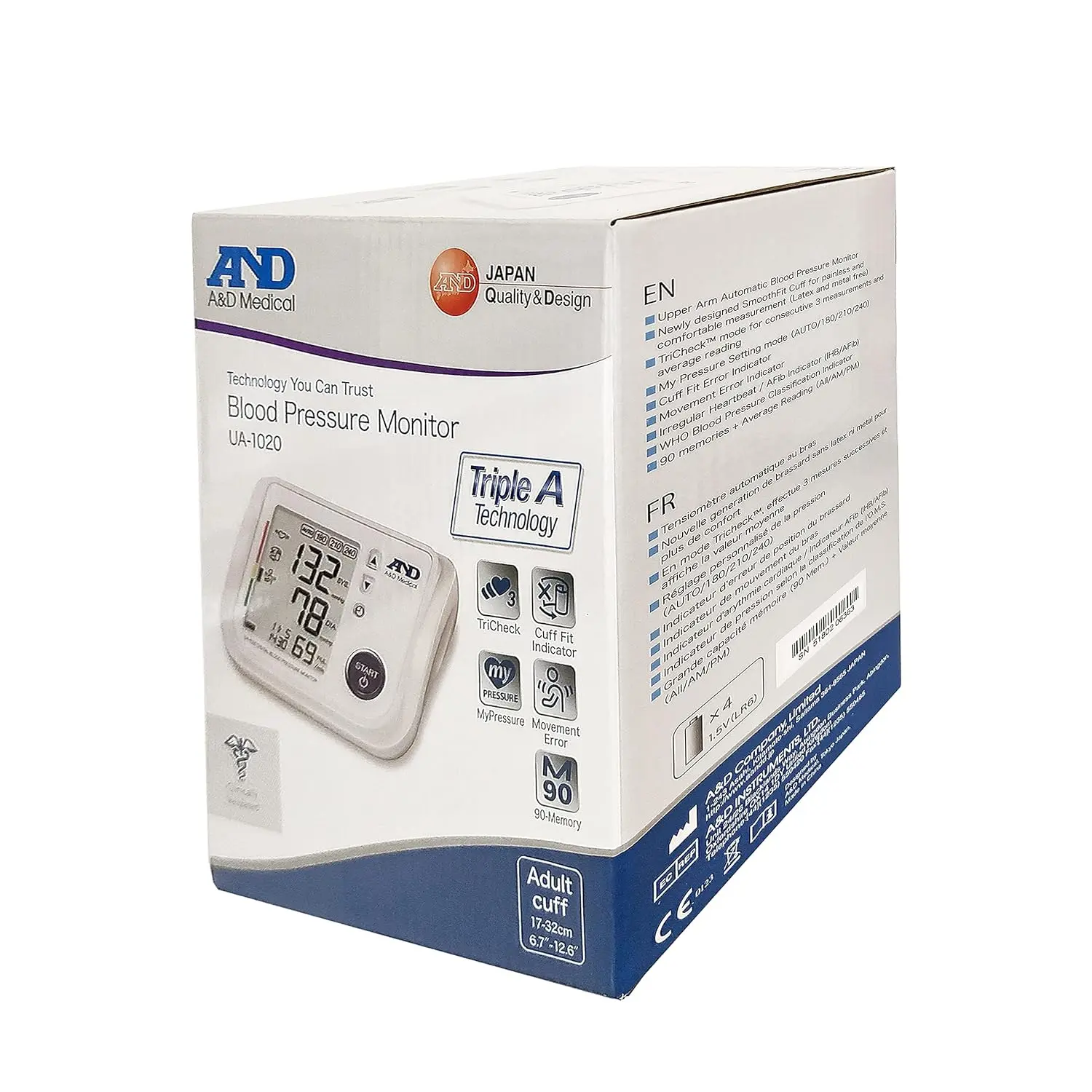 A&D Medical UA-1020 automatic blood pressure monitor for upper arm with wide range cuff, TriCheck mode, and cuff fit error indicator.