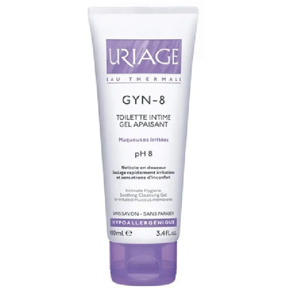 A bottle of Uriage GYN-8 Intimate Hygiene Cleansing Gel for gentle skin care.