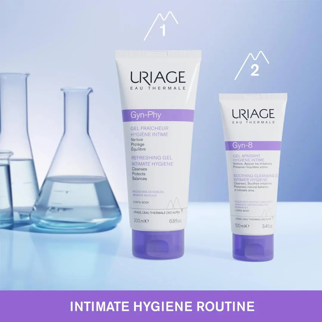 Uriage Gyn-Phy intimate cleansing gel gently cleanses and refreshes sensitive skin while maintaining its natural balance, available in a 200ml bottle.
