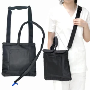 Black urine drainage bag holder made of durable nylon with adjustable shoulder straps and front/back pockets, designed to conceal and carry catheter bags discreetly and conveniently.